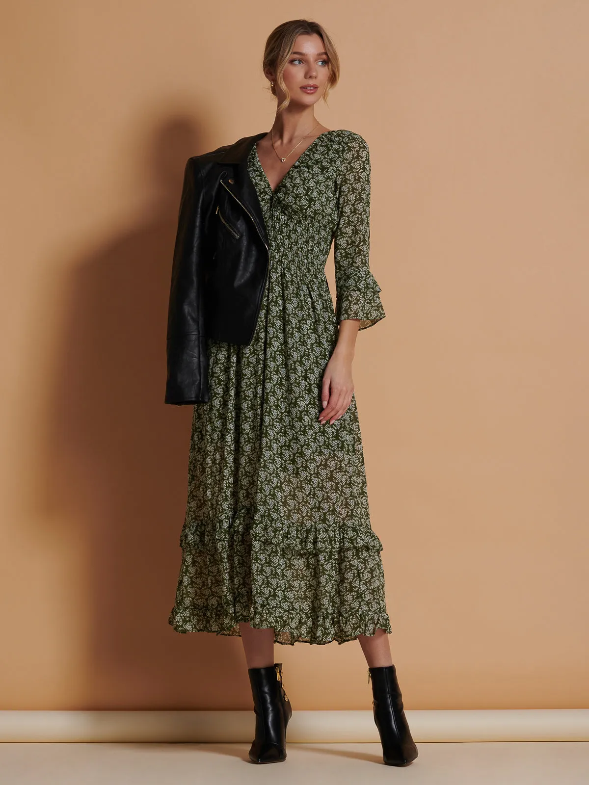 Qaiya Shirred Chiffon Maxi Dress, Green Floral