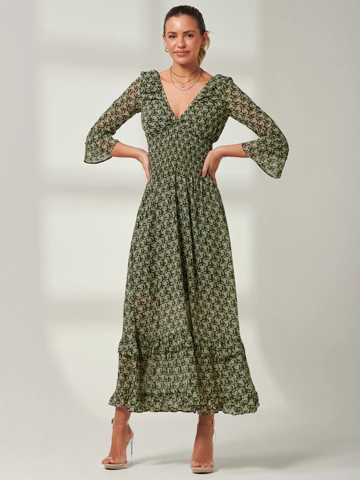 Qaiya Shirred Chiffon Maxi Dress, Green Floral