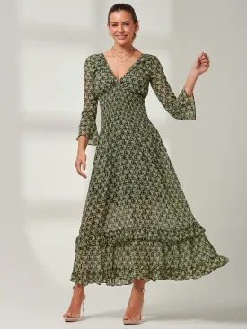 Qaiya Shirred Chiffon Maxi Dress, Green Floral