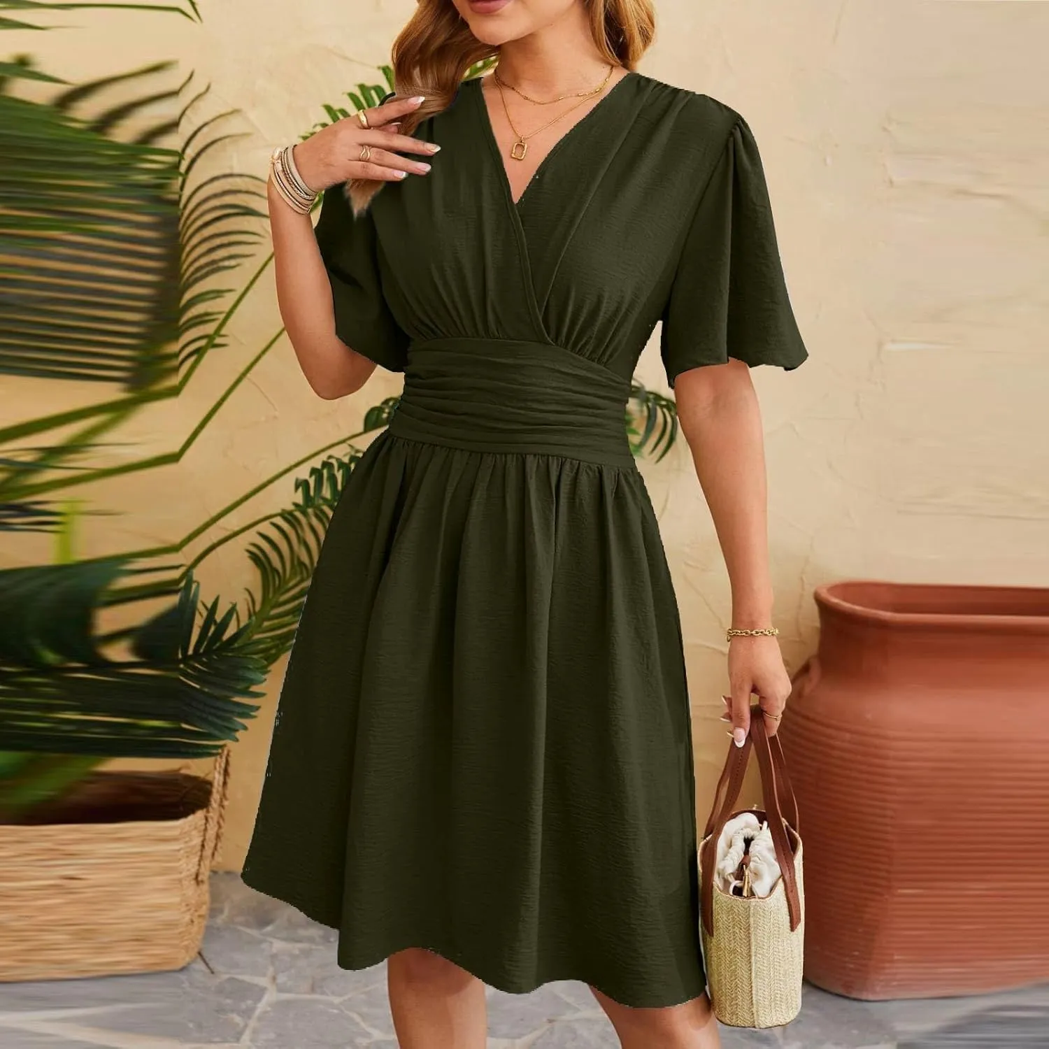 Summer Dresses for Women 2025 Sexy Date Night Cinched Waist Garden Party Concert Mini Brunch Trendy Short Sleeve Dress