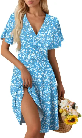 Summer Dresses for Women 2025 Waist Short Sleeve Floral Print Deep V-Neck A-Line Dress Beach Dress for Women