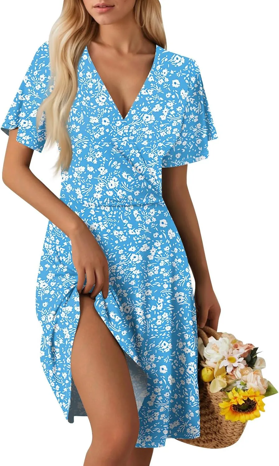 Summer Dresses for Women 2025 Waist Short Sleeve Floral Print Deep V-Neck A-Line Dress Beach Dress for Women