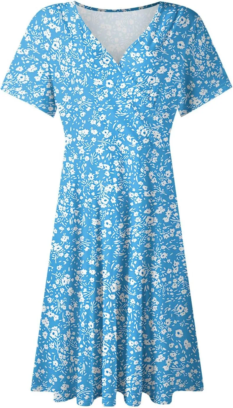 Summer Dresses for Women 2025 Waist Short Sleeve Floral Print Deep V-Neck A-Line Dress Beach Dress for Women