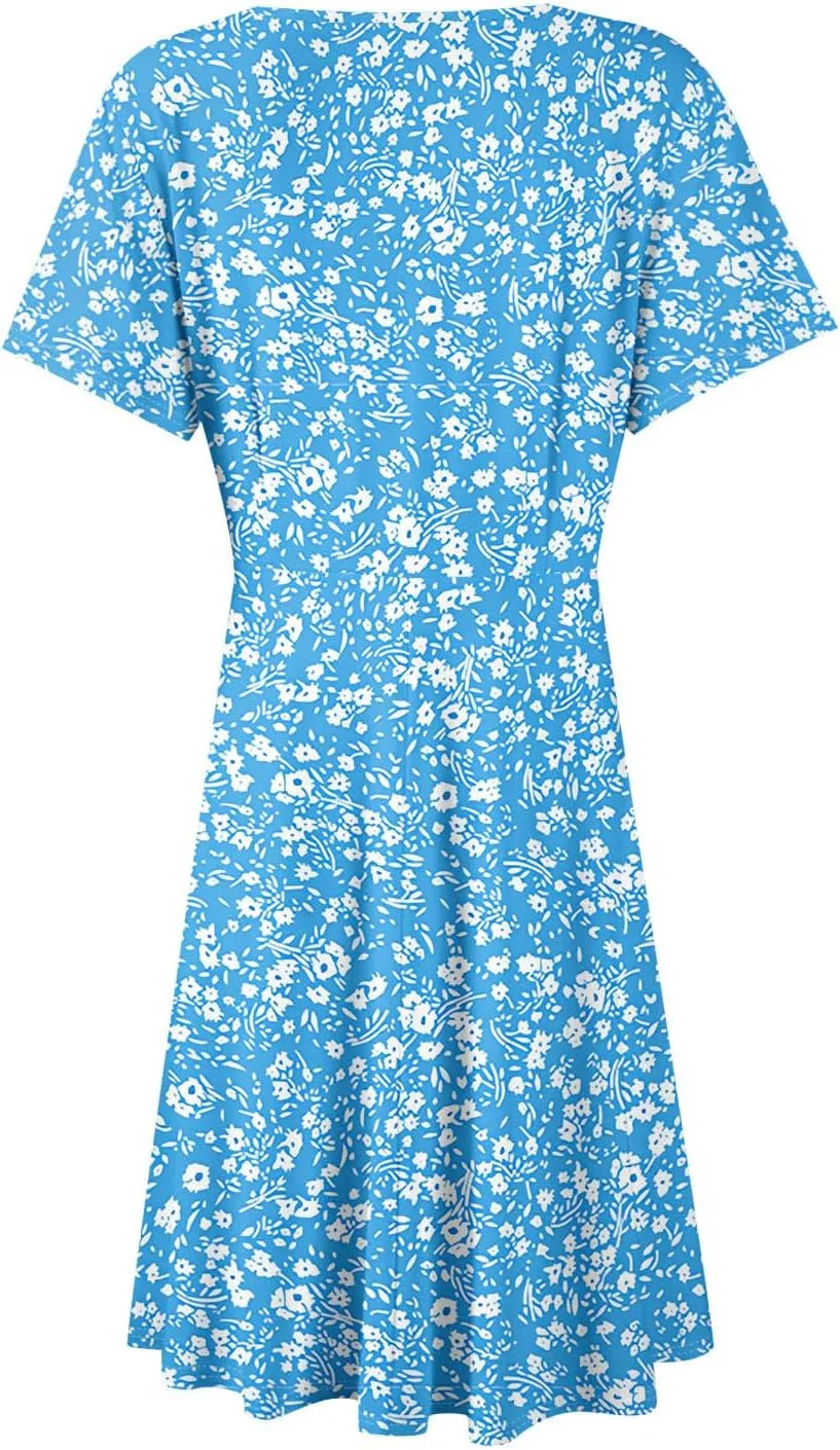 Summer Dresses for Women 2025 Waist Short Sleeve Floral Print Deep V-Neck A-Line Dress Beach Dress for Women