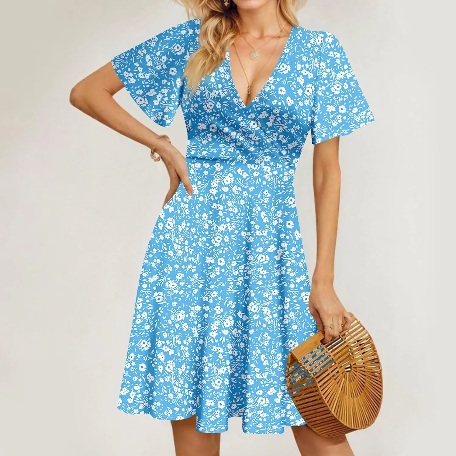 Summer Dresses for Women 2025 Waist Short Sleeve Floral Print Deep V-Neck A-Line Dress Beach Dress for Women