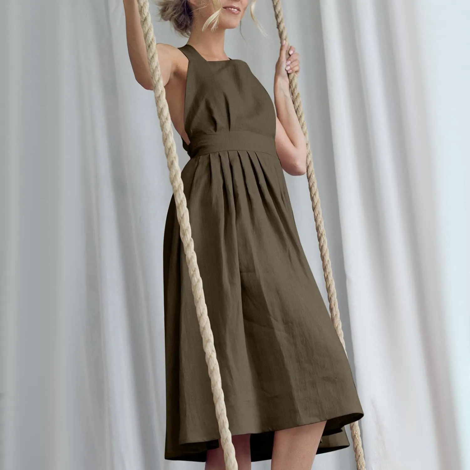 Summer Linen Dresses for Women 2025 Sleeveless Tie Bow Criss Cross Back Midi Sundress Pleated A-Line Beach Party Dress