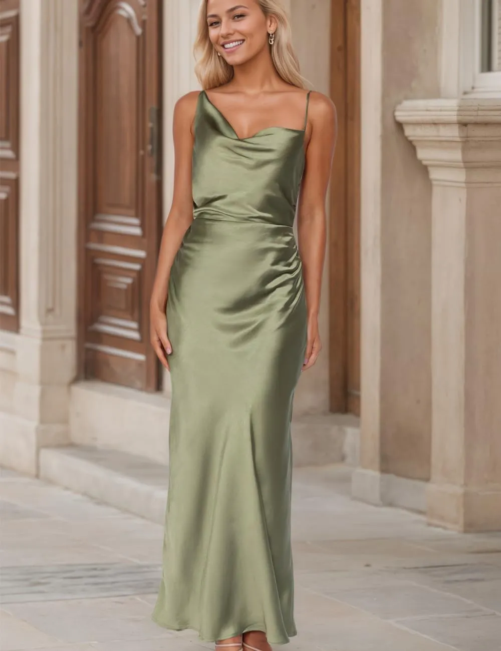 Summer Satin Maxi Dresses for Women 2025 Cowl Neck Ruched Silk Formal Wedding Guest Bridesmaid Slip Dress with Slit