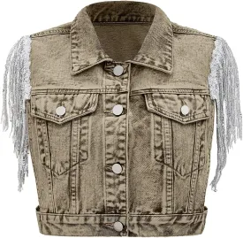 SweatyRocks Women's Fringe Button Down Crop Denim Jacket Sleeveless Collared Jean Coats