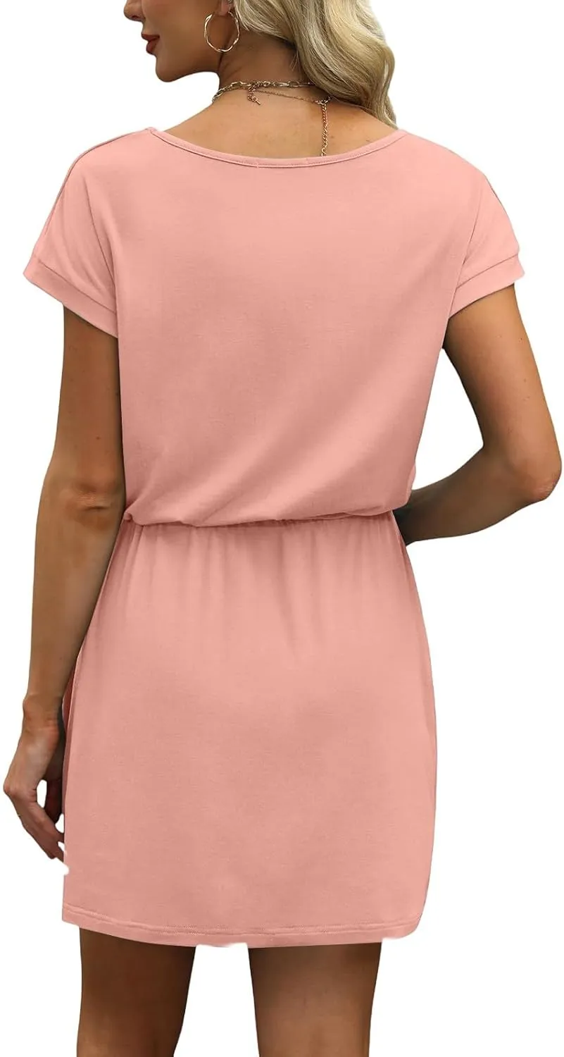 T Shirt Dresses for Women 2025 Short Sleeve V Neck Cinch Waist Dress Summer Mini Dress Casual Sundresses with Pockets