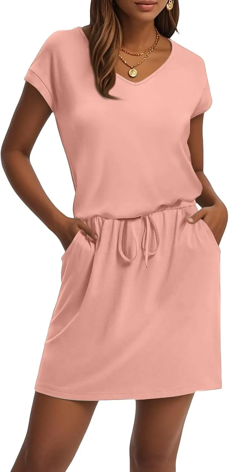T Shirt Dresses for Women 2025 Short Sleeve V Neck Cinch Waist Dress Summer Mini Dress Casual Sundresses with Pockets