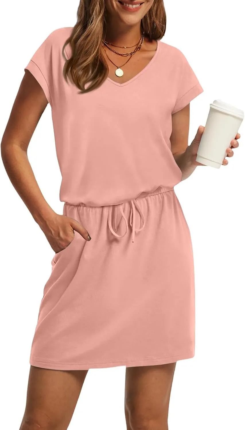 T Shirt Dresses for Women 2025 Short Sleeve V Neck Cinch Waist Dress Summer Mini Dress Casual Sundresses with Pockets