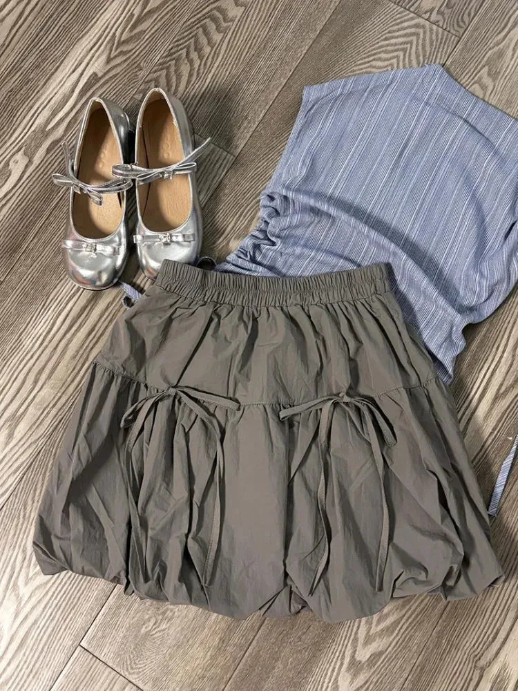 TAVIMART  -  Simple O-neck Drawstring Ruched Slim Fit Sleeveless Tops Women  High Waist  Bow Skirts 2024 Summer New Two Piece Sets