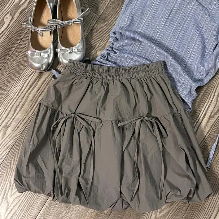 TAVIMART  -  Simple O-neck Drawstring Ruched Slim Fit Sleeveless Tops Women  High Waist  Bow Skirts 2024 Summer New Two Piece Sets