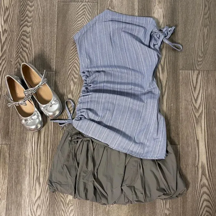 TAVIMART  -  Simple O-neck Drawstring Ruched Slim Fit Sleeveless Tops Women  High Waist  Bow Skirts 2024 Summer New Two Piece Sets