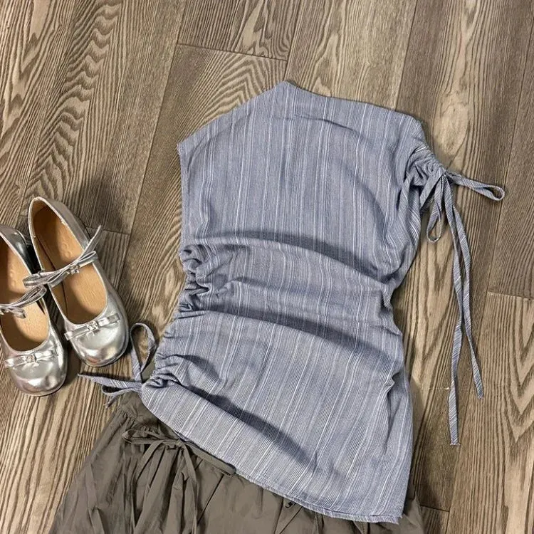 TAVIMART  -  Simple O-neck Drawstring Ruched Slim Fit Sleeveless Tops Women  High Waist  Bow Skirts 2024 Summer New Two Piece Sets