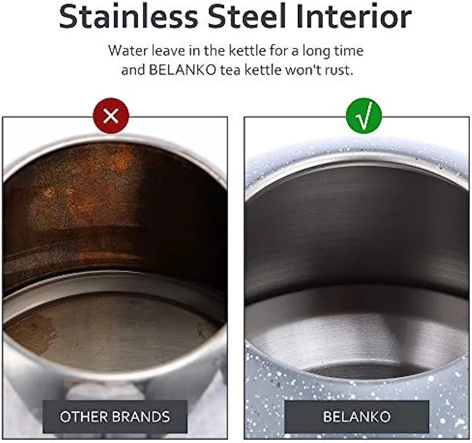 Tea Kettle, 2.3 Quart / 2.5 Liter BELANKO Stainless Steel Tea Kettles, Food Grade Stovetops Tea pot with Wood Pattern Handle Loud Whistling for Tea, Coffee, Milk etc, Gas Electric Applicable - Gray