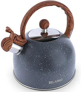 Tea Kettle, 2.3 Quart / 2.5 Liter BELANKO Stainless Steel Tea Kettles, Food Grade Stovetops Tea pot with Wood Pattern Handle Loud Whistling for Tea, Coffee, Milk etc, Gas Electric Applicable - Gray