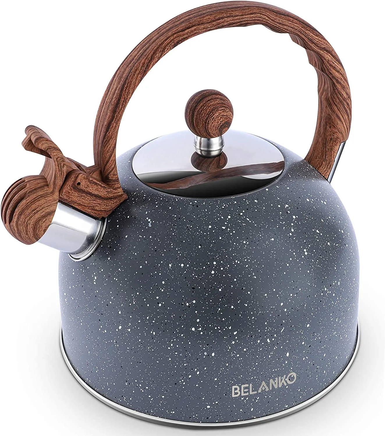 Tea Kettle, 2.3 Quart / 2.5 Liter BELANKO Stainless Steel Tea Kettles, Food Grade Stovetops Tea pot with Wood Pattern Handle Loud Whistling for Tea, Coffee, Milk etc, Gas Electric Applicable - Gray