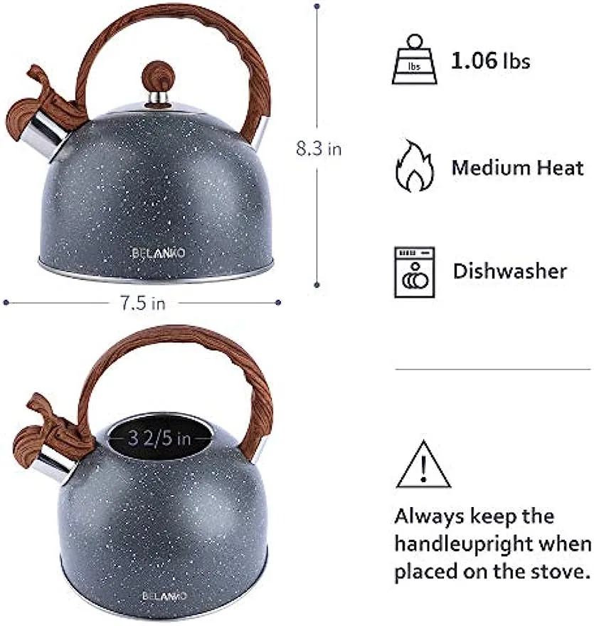 Tea Kettle, 2.3 Quart / 2.5 Liter BELANKO Stainless Steel Tea Kettles, Food Grade Stovetops Tea pot with Wood Pattern Handle Loud Whistling for Tea, Coffee, Milk etc, Gas Electric Applicable - Gray