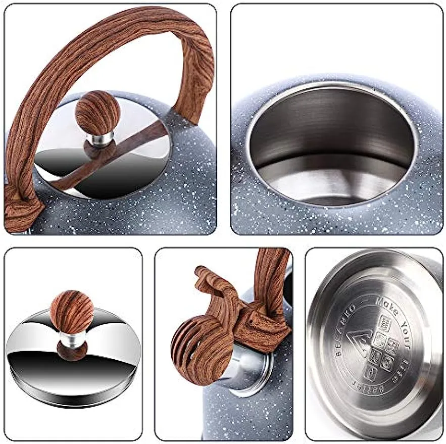 Tea Kettle, 2.3 Quart / 2.5 Liter BELANKO Stainless Steel Tea Kettles, Food Grade Stovetops Tea pot with Wood Pattern Handle Loud Whistling for Tea, Coffee, Milk etc, Gas Electric Applicable - Gray