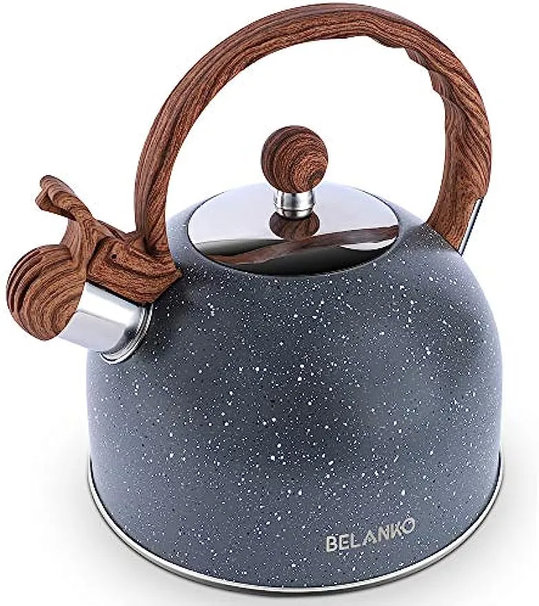 Tea Kettle, 2.3 Quart / 2.5 Liter BELANKO Stainless Steel Tea Kettles, Food Grade Stovetops Tea pot with Wood Pattern Handle Loud Whistling for Tea, Coffee, Milk etc, Gas Electric Applicable - Gray