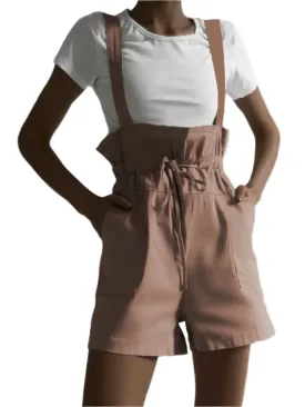 TEEK - Drawstring Pocketed Wide Strap Pocketed Short Overalls