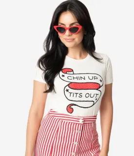 Unique Vintage Cream Cotton Chin Up Tits Out Womens Tee