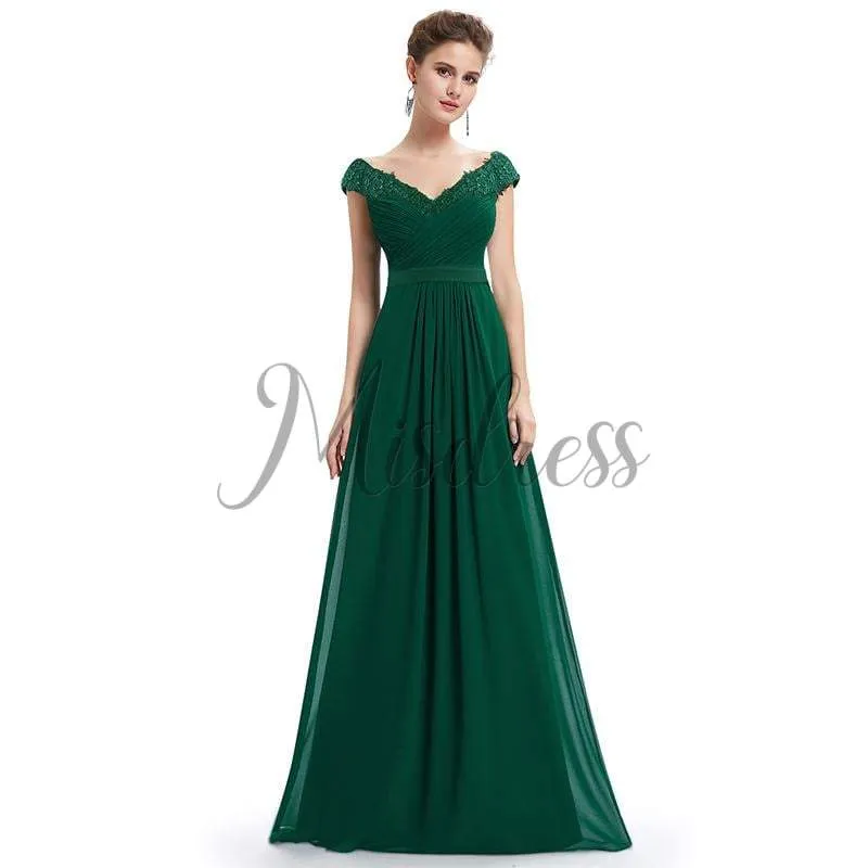 V Neck Off Shoulder Chiffon Lace Evening Wedding Prom Party Dress