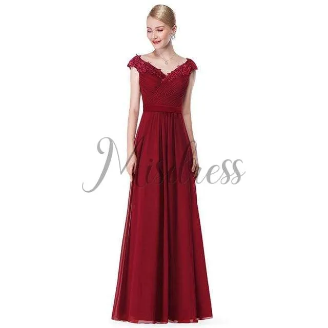 V Neck Off Shoulder Chiffon Lace Evening Wedding Prom Party Dress