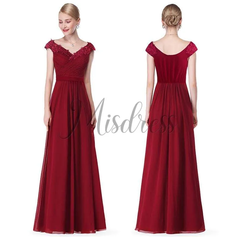 V Neck Off Shoulder Chiffon Lace Evening Wedding Prom Party Dress