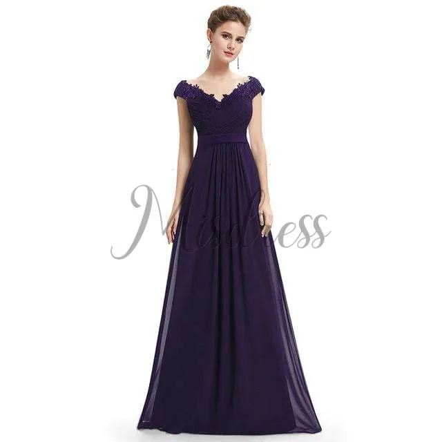 V Neck Off Shoulder Chiffon Lace Evening Wedding Prom Party Dress