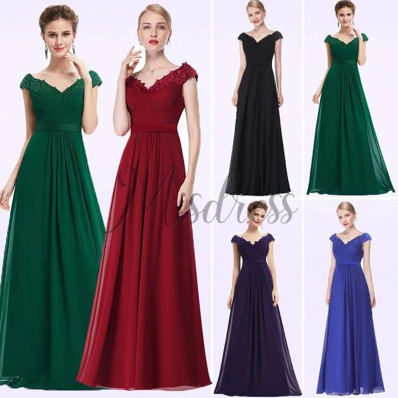 V Neck Off Shoulder Chiffon Lace Evening Wedding Prom Party Dress