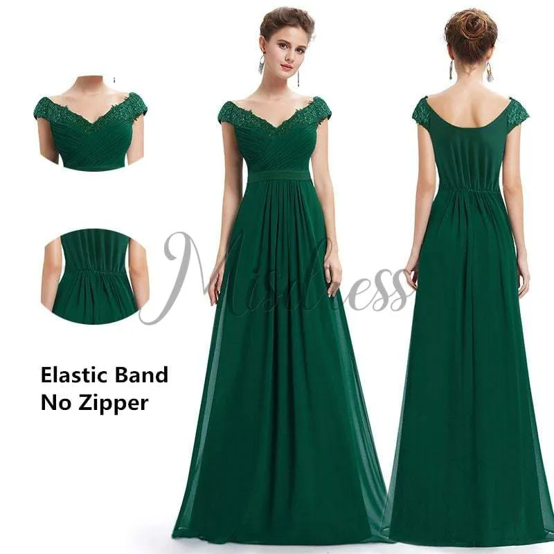 V Neck Off Shoulder Chiffon Lace Evening Wedding Prom Party Dress