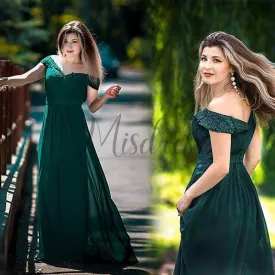 V Neck Off Shoulder Chiffon Lace Evening Wedding Prom Party Dress