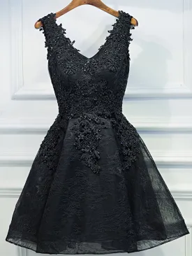 V Neck Short Black Lace Prom Dresses, Short Black Lace Graduation Homecoming Dresses