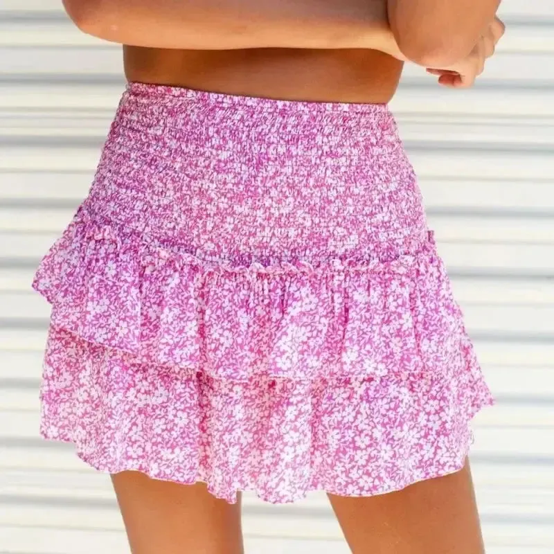 Vacation Boho Miniskirt Sexy Girl Y2k Skirts Mujer Ruffle Edge Printed Skirt Women Fashion New Floral Pleated Short Skirt Female