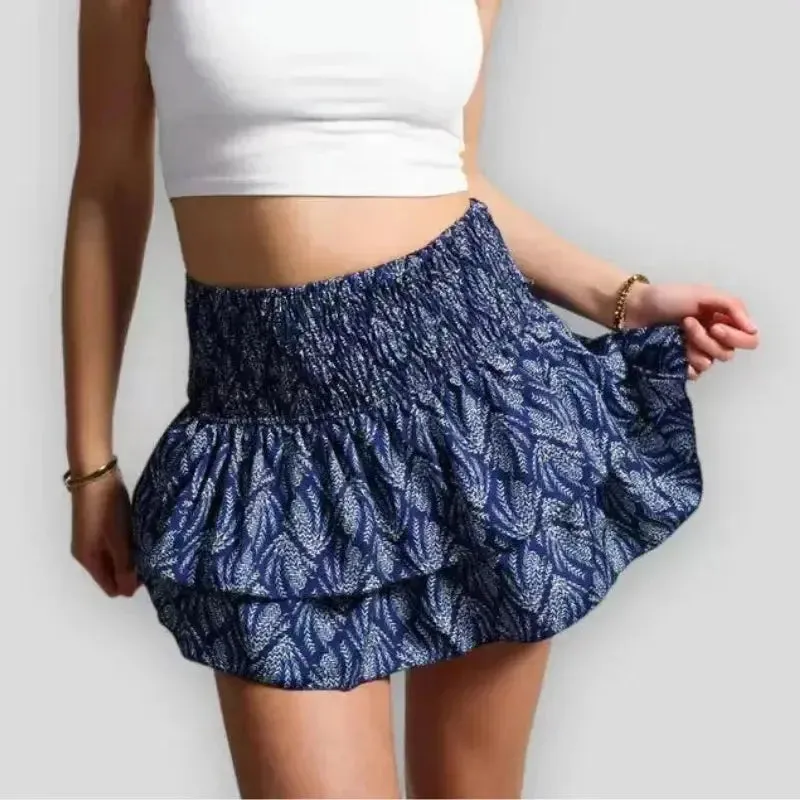 Vacation Boho Miniskirt Sexy Girl Y2k Skirts Mujer Ruffle Edge Printed Skirt Women Fashion New Floral Pleated Short Skirt Female