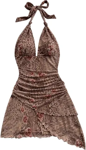 Verdusa Women's Vintage Leopard Print Layered Halter Dress Floral Asymmetrical Ruched Backless Mini Dress