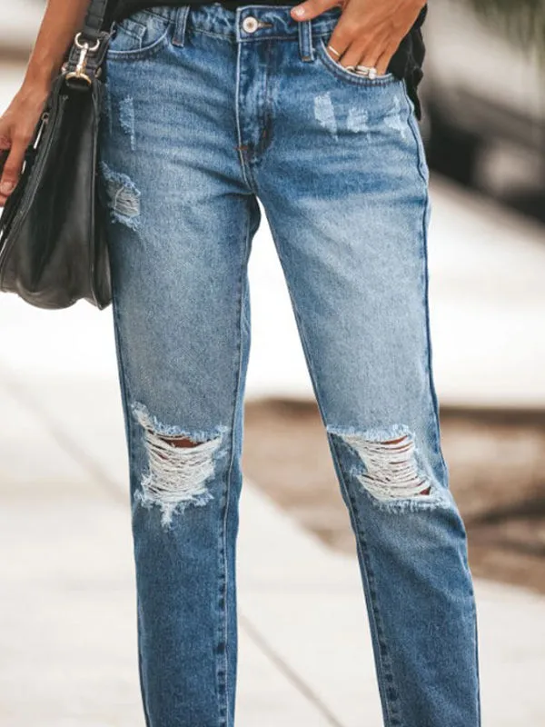 Washed distressed brushed mid-rise Ripped Jeans