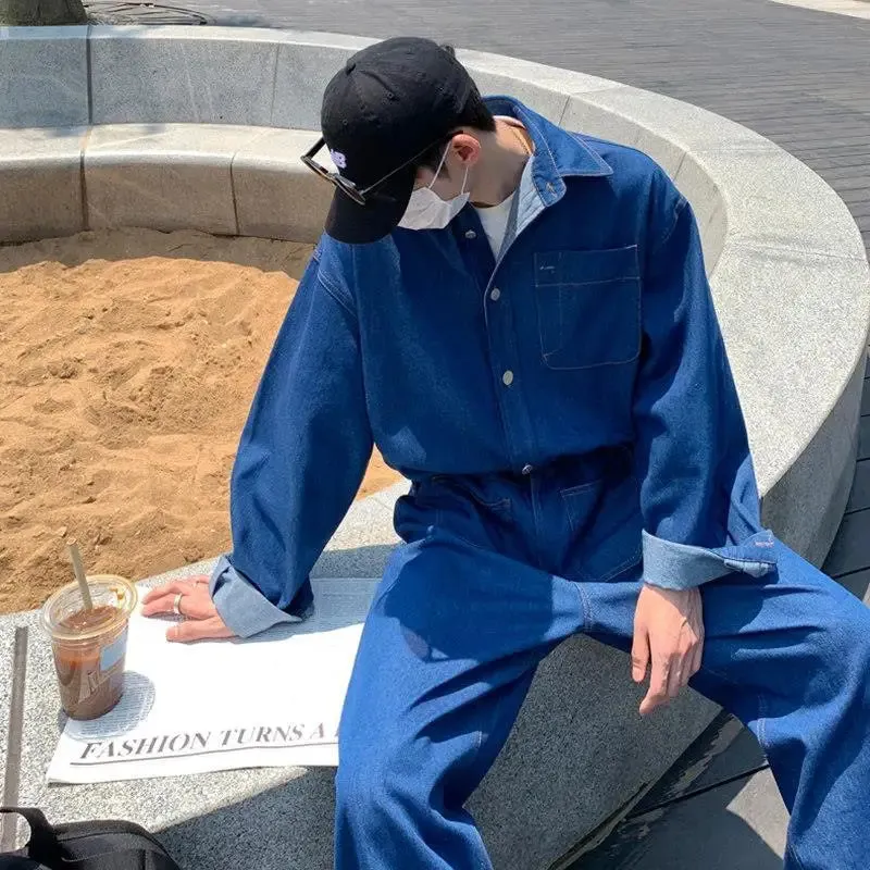 Wiaofellas Fashion High Street Handsome Denim Jumpsuit Suit Men's Spring Autumn Casual Workwear Uniform Overalls Pants Male Clothes
