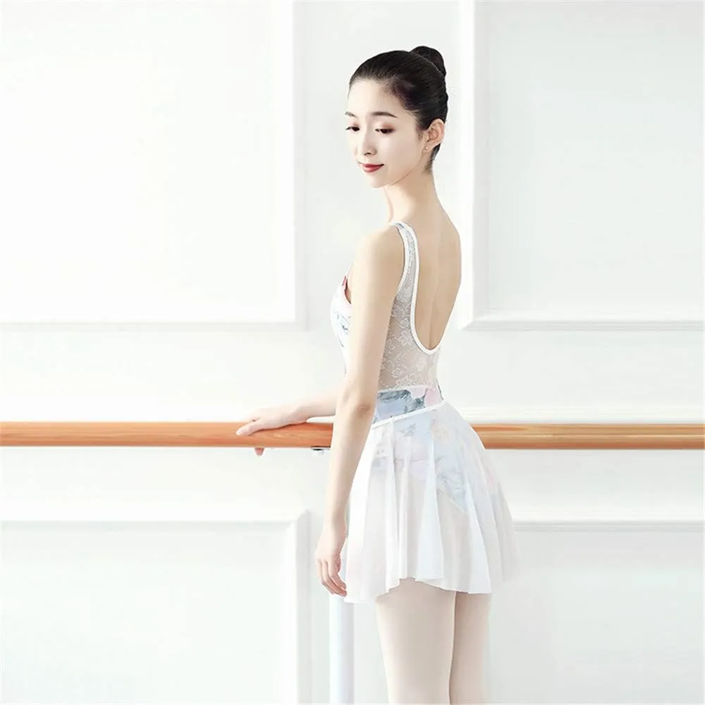 Women Watercolor Printed Ballet Skirt Dress Adult Female Body Dance Practice Skirts Chiffon Wrap Short Skirts