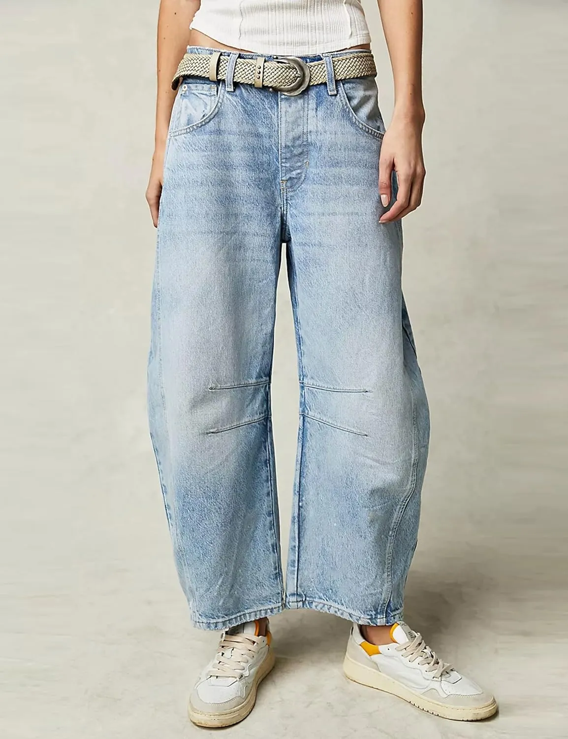 Womens Baggy Boyfriend Jeans Vintage Wide Leg Mid Rise Barrel Denim Ankle Pants Cropped Jeans
