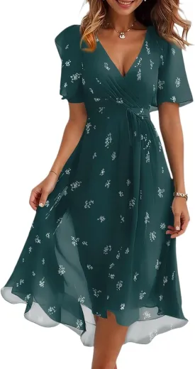 Womens Boho Floral Printed Chiffon Dresses 2025 Spring Elegant V Neck Belted Summer Wedding Prom Cocktail Midi Dress