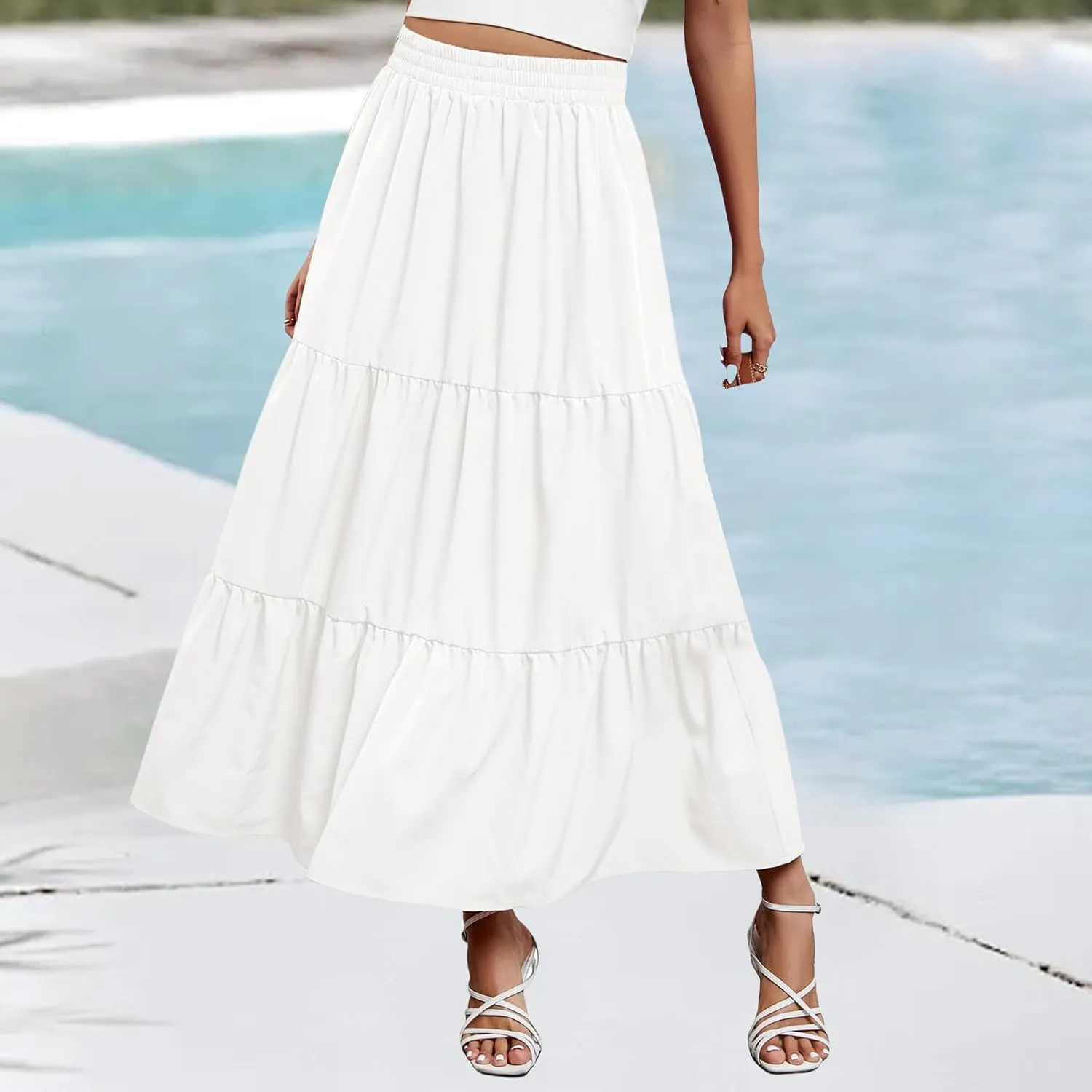 Womens Boho Maxi Skirts Summer Casual Elastic High Waisted Ruffle Hem Skirt Flowy Solid Color A Line Beach Skirts