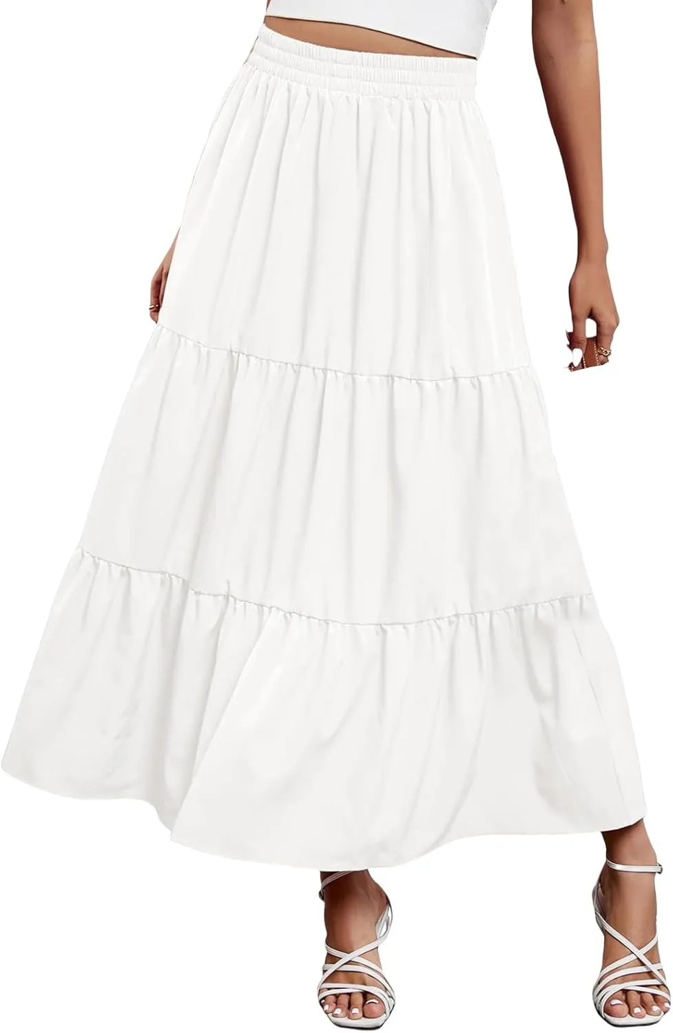 Womens Boho Maxi Skirts Summer Casual Elastic High Waisted Ruffle Hem Skirt Flowy Solid Color A Line Beach Skirts