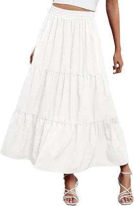 Womens Boho Maxi Skirts Summer Casual Elastic High Waisted Ruffle Hem Skirt Flowy Solid Color A Line Beach Skirts