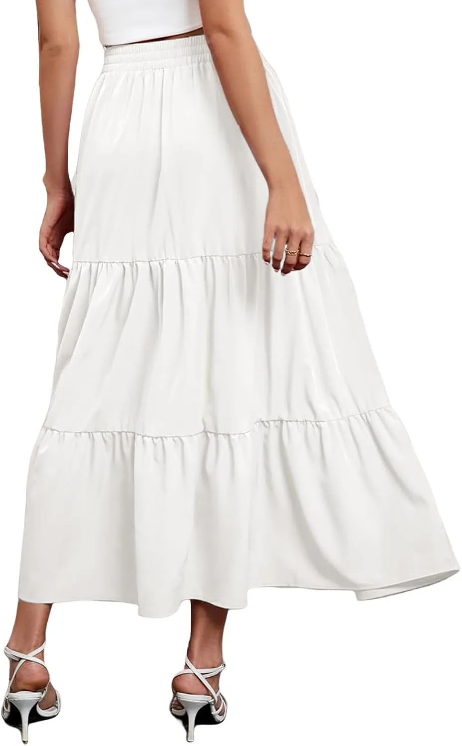 Womens Boho Maxi Skirts Summer Casual Elastic High Waisted Ruffle Hem Skirt Flowy Solid Color A Line Beach Skirts