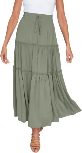Women's Boho Maxi Skirts Summer Flowy Drawstring High Waisted Skirt Casual Solid Color Ruffle Hem A Line Long Skort
