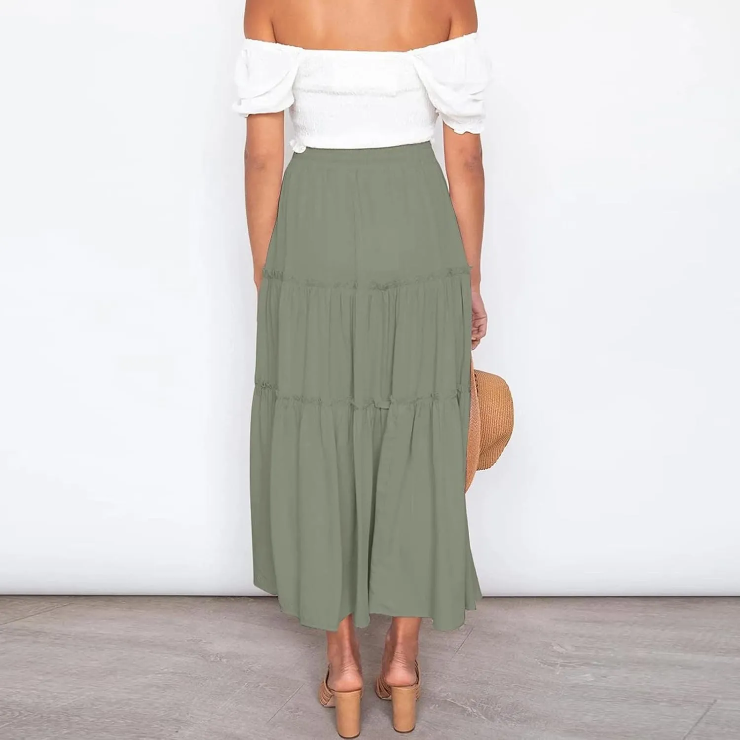 Women's Boho Maxi Skirts Summer Flowy Drawstring High Waisted Skirt Casual Solid Color Ruffle Hem A Line Long Skort