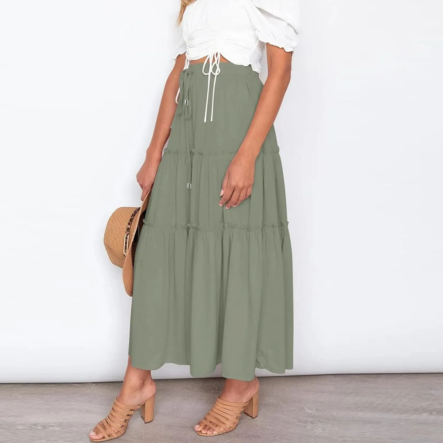 Women's Boho Maxi Skirts Summer Flowy Drawstring High Waisted Skirt Casual Solid Color Ruffle Hem A Line Long Skort